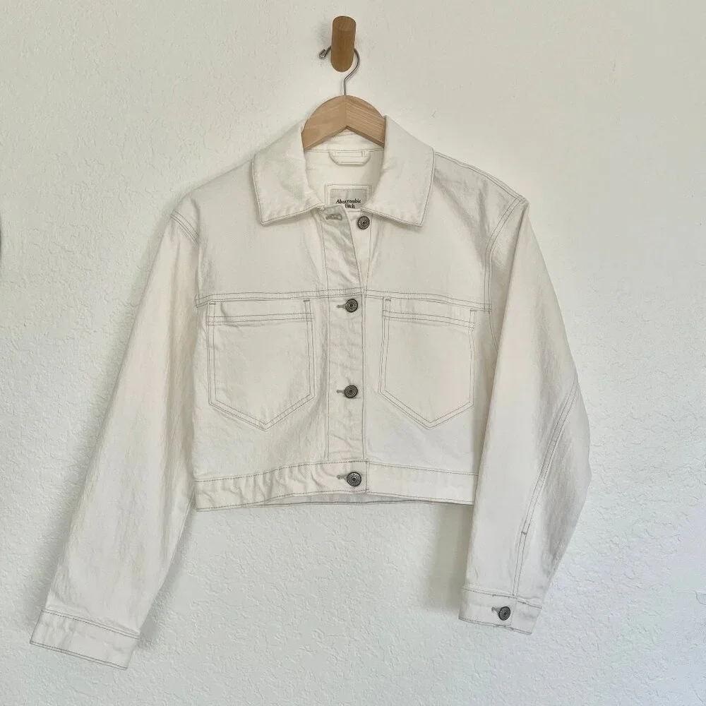 Abercrombie & Fitch NEW! Cropped Denim Jean Jacket In Cream/Bleached Wash XS - Picture 2 of 15